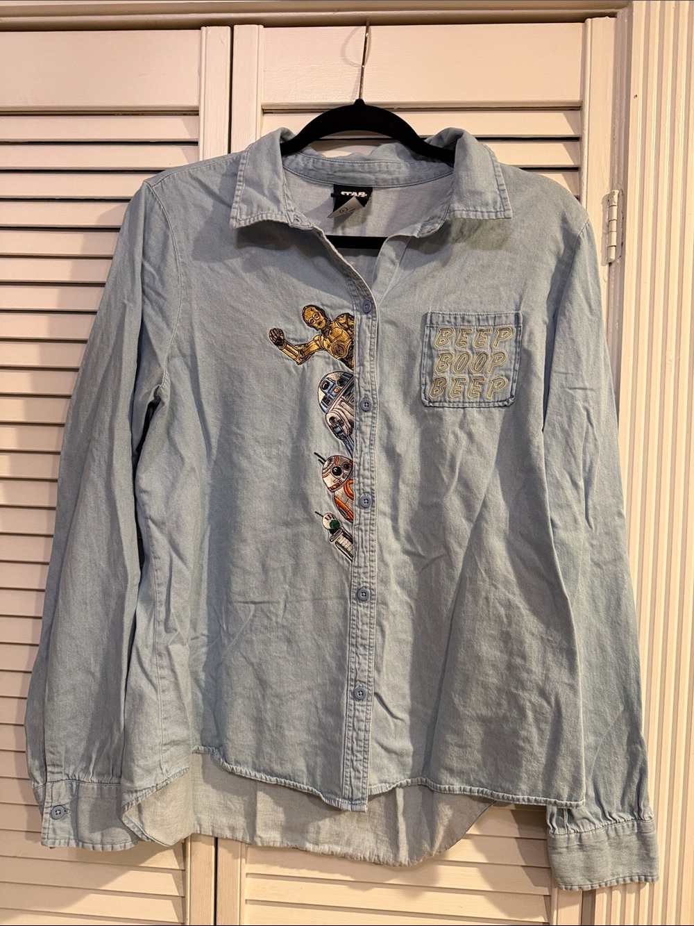 Light Blue Star Wars Embroidered Denim-Style Button-Up Shirt